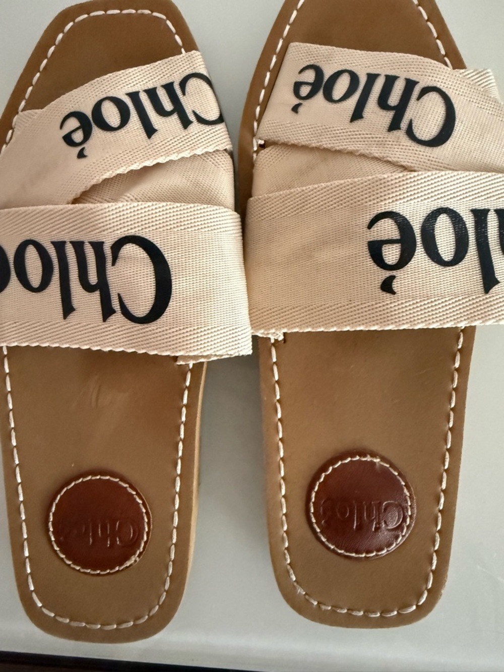 Beige Canvas Logo Slide Sandals